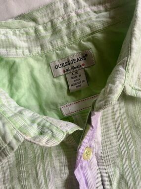 VINTAGE Guess Men's Striped Button-Up Shirt in Light Green and Lavender